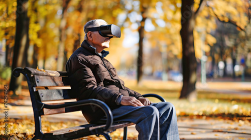 An elderly man sits on a bench wearing VR headset glasses, virtual reality. A man with Parkinson's disease walking in city park