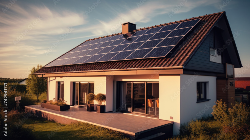 Naklejka premium A brand new structure with dark solar panels. newly constructed homes with solar panels on the roof under a bright sky.