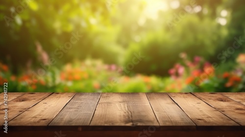 The empty wooden table top with blur background of garden. Exuberant image. generative ai