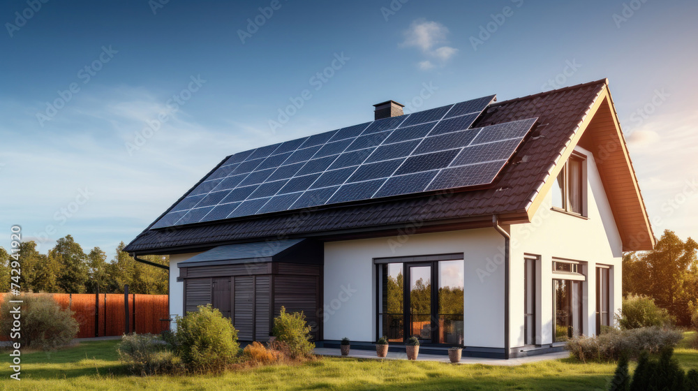 A brand new structure with dark solar panels. newly constructed homes with solar panels on the roof under a bright sky. A brand new structure with dark solar panels. newly constructed homes with solar panels on the roof under a bright sky.