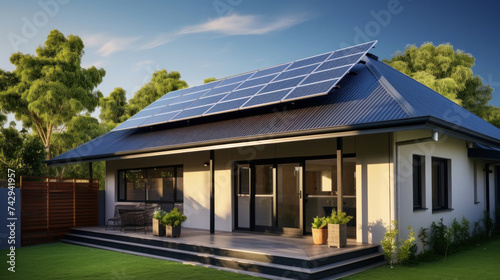 A brand new structure with dark solar panels. newly constructed homes with solar panels on the roof under a bright sky.