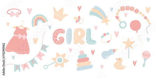 Baby Girl Accessory Collection. Newborn Cute Cartoon elements isolated on white. Flat vector kids Nursery toys. Girls set in pastel colors for design. Items for child playing