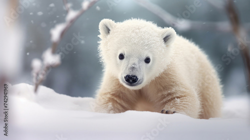 A cute baby polar bear in snow winter.