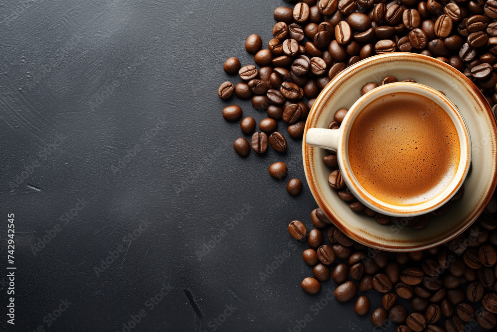 Fresh flavored coffee with crema on a dark table next to roasted coffee beans Fresh flavored coffee with crema on a dark table next to roasted coffee beans