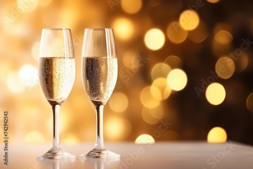 Two elegant champagne glasses filled with sparkling wine, set against a festive golden bokeh light backdrop for celebrations. © Vilaysack