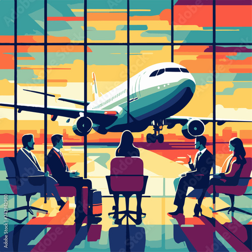 Airport terminal interior with business people and airplanes. Vector flat illustration