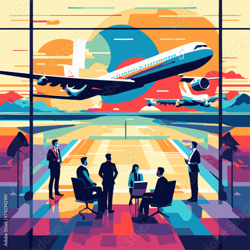 Airport terminal interior with business people and airplanes. Vector flat illustration