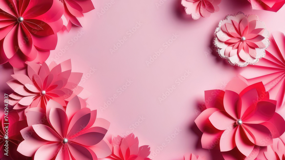 pink flower frame. Pink paper flowers background with empty space for text or greeting card design. Postcard for International Women's Day and Mother's Day. pink flower frame. Pink paper flowers background with empty space for text or greeting card design. Postcard for International Women's Day and Mother's Day.