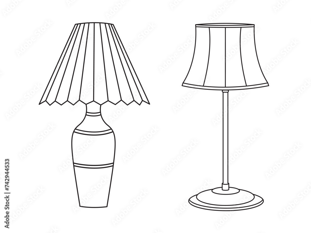 Stylish lamp, Modern lamp interior in bedroom, Electric table, floor lamps, lampshades, Different interior light standing and hanging.