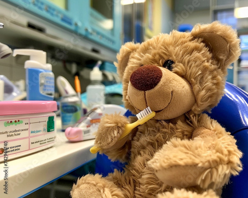 A fun dental care workshop led by a teddy bear dentist with plush patients learning about flossing and dental health set in a toy clinic