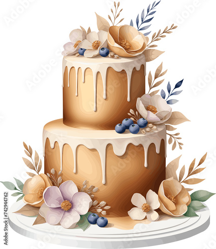 Isolated caramello cake decorated by flowers clipart on transparent background png, tasty design elements for dessert, cafe, food, bakery decoration photo