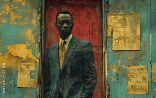 A comics image of nigerian leader on his door, in the style of sovietwave photo