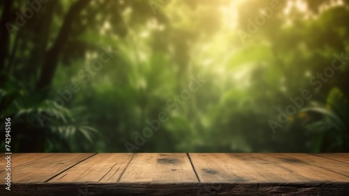The empty rustic wooden plank table top with blur background of jungle. Exuberant image. generative ai photo