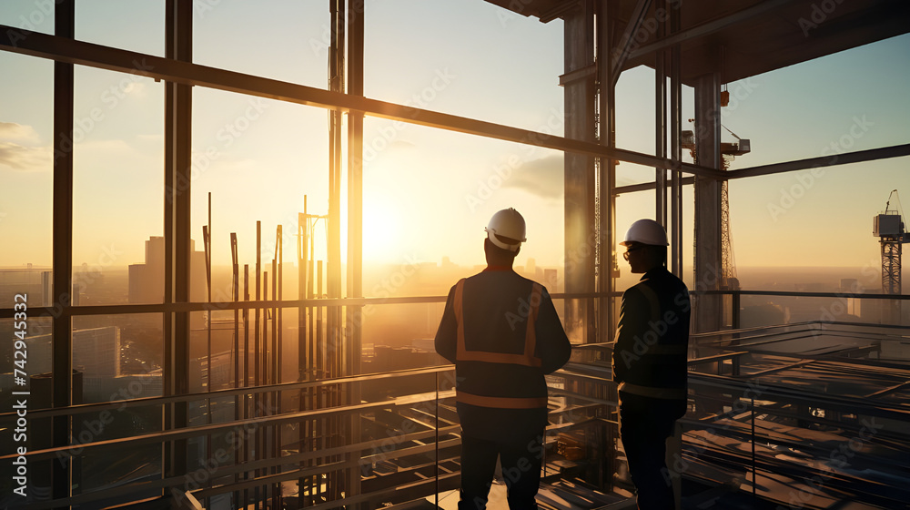 Engineers overseeing the installation of steel beams and discussing structural integrity while standing amidst the framework of a high-rise building under construction. 