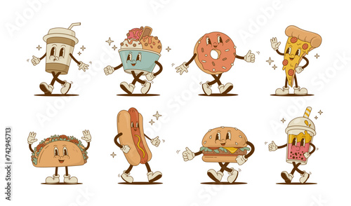 Set of retro cartoon food and drink characters vector illustration. Vintage pizza, donut, hot dog, burger, coffee, latte, ice cream, taco, smoothie mascot on white background. Fast food collection