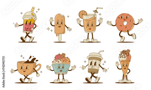 Set of retro cartoon sweet food and drink characters vector illustration. Vintage donut, juice, coffee, latte, ice cream, smoothie mascot on white background. Funny dessert collection