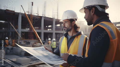 A construction manager and engineer analyzing construction progress and discussing adjustments to the project plan while overseeing a team of workers on a large-scale building site. photo