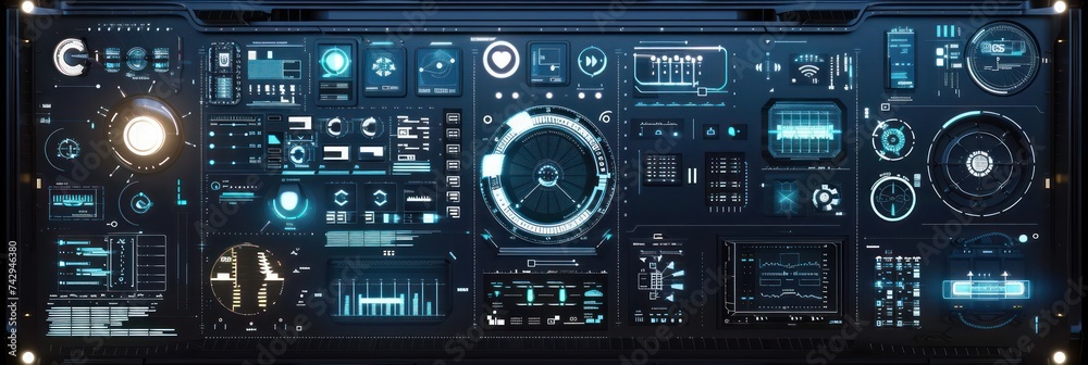 Futuristic control panel with interactive interfaces and dials ...