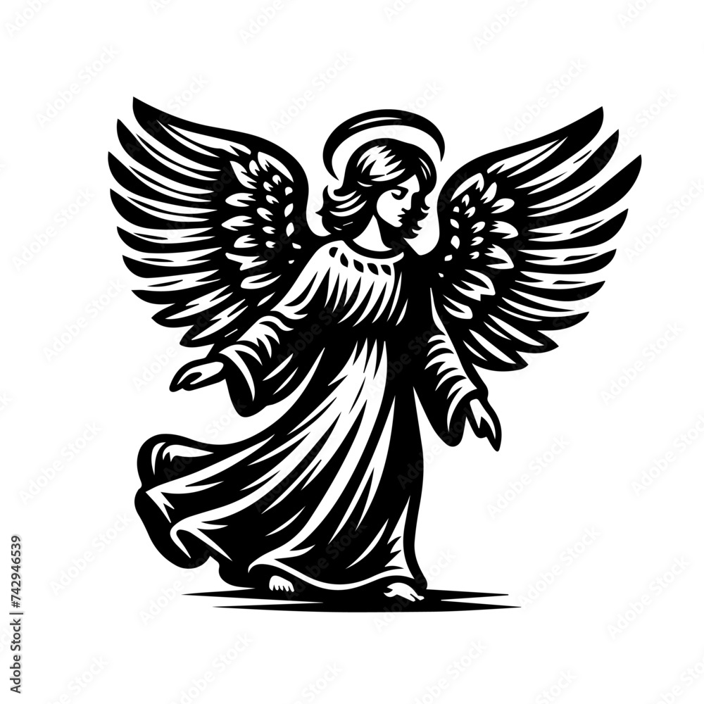Obraz premium Simple black and white vector illustration of an angel with wings and halo. Celestial guardian with wings. Archangel illustration no fill