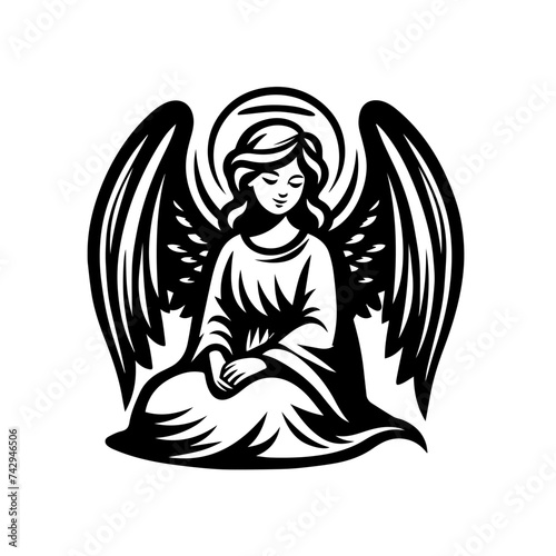 Simple black and white vector illustration of an angel with wings and halo. Celestial guardian with wings. Archangel illustration no fill