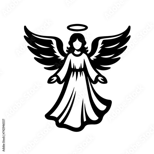 Simple black and white vector illustration of an angel with wings and halo. Celestial guardian with wings. Archangel illustration no fill