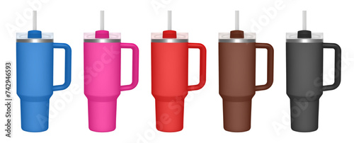 Thermo cup with handle and straw. 3d mockup of a travel thermos. Set of blue, pink, red, brown and black mugs. Tumbler template. Transparent lid