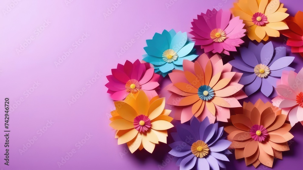 flowers in water. Background of colorful paper flowers with empty space for text or greeting card design. Postcard for International Women's Day and Mother's Da