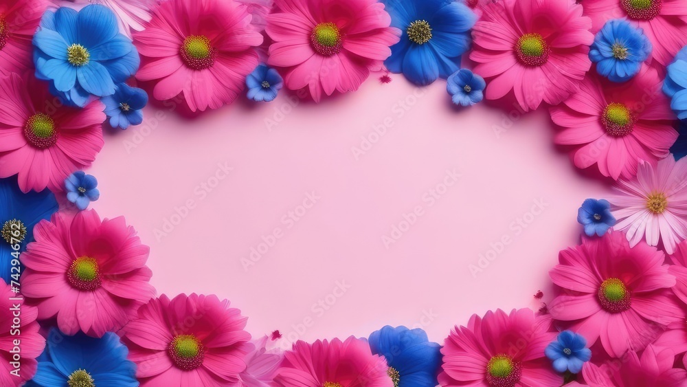 frame of flowers. Background pink with copy space made of pink and blue flowers for text or greeting card design. Postcard for International Women's Day and Mother's Day.