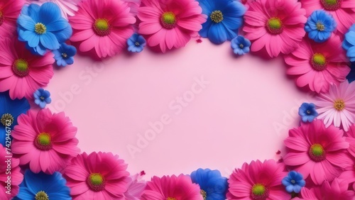 frame of flowers. Background pink with copy space made of pink and blue flowers for text or greeting card design. Postcard for International Women s Day and Mother s Day.