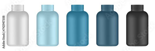 Set of big medical pill bottles. White, blue green and black jars. Plastic medicine container. 3d mockup of a pharmaceutical packaging
