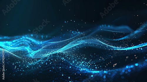 Abstract futuristic illustration in the field of information technology. A low-poly shape with connecting blue dots and lines on a dark background. Visualization of big data