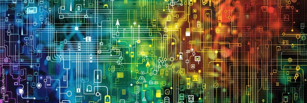 Complex digital circuit board with vibrant nodes and tech elements. Background for technological processes, science, presentations, etc