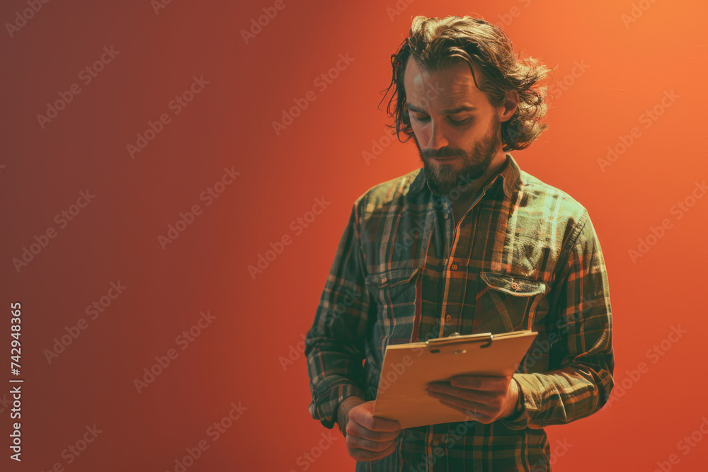 A man holds a folder on an orange background. A man holds a folder on an orange background.