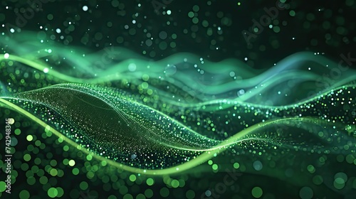 An abstract wave of green digital particles flowing over a dark background with a bokeh effect