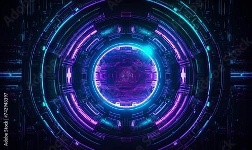 Neon glowing gateway portal background. Round purple and 3d led glow in empty circle futuristic tunnel with digital blue airlock door in center
