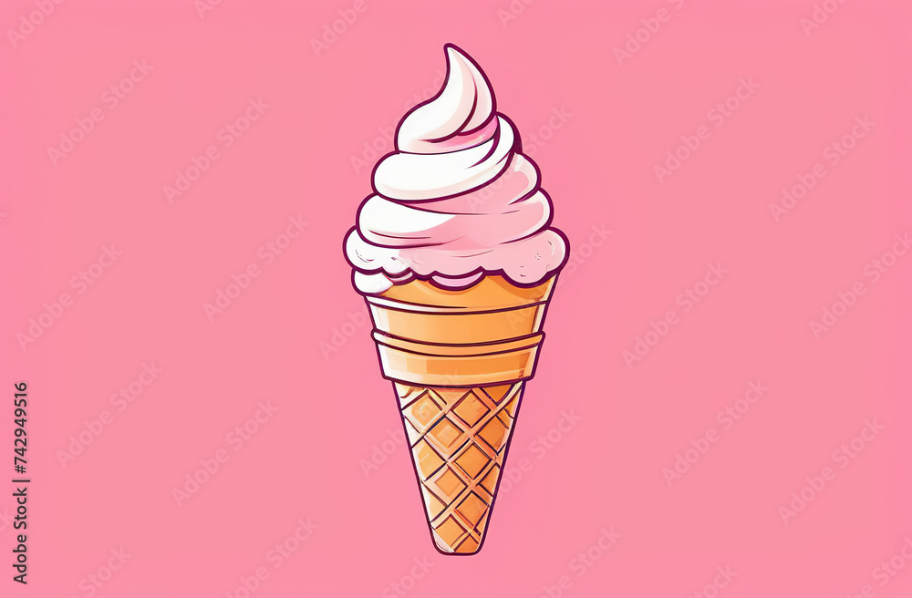 Strawberry ice cream cone isolated on pink background. Raspberry soft ice cream waffled cone. Summer dessert and sweet. Soft serve element. Summer creative concept. Hand drawn watercolor Strawberry ice cream cone isolated on pink background. Raspberry soft ice cream waffled cone. Summer dessert and sweet. Soft serve element. Summer creative concept. Hand drawn watercolor