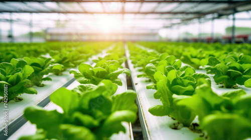 Green oaks lettuce in green house hydroponic farm. Healthy food concept.