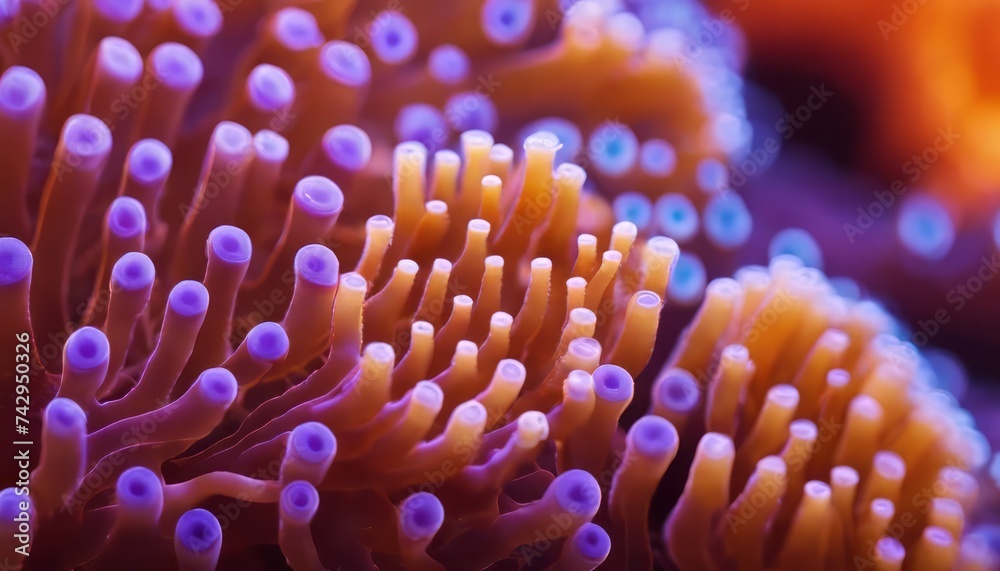 This is a macro photograph of soft zoanthid coral polyps showing contrasting colors This is a macro photograph of soft zoanthid coral polyps showing contrasting colors