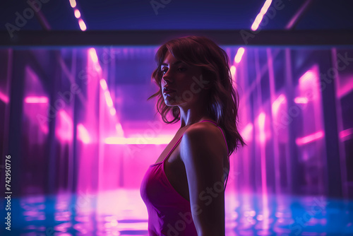 Wavy-haired Side profile female model in Swimming pool in neon pink swimsuit at night disco lights neon glow