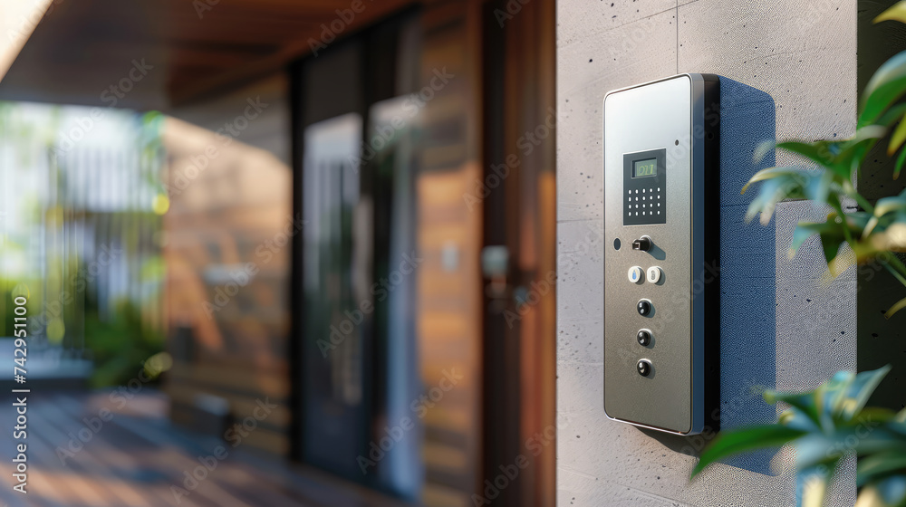 A sleek digital intercom system by a residential entrance, set against a soft-focus backdrop of lush plants and modern architecture. A sleek digital intercom system by a residential entrance, set against a soft-focus backdrop of lush plants and modern architecture.
