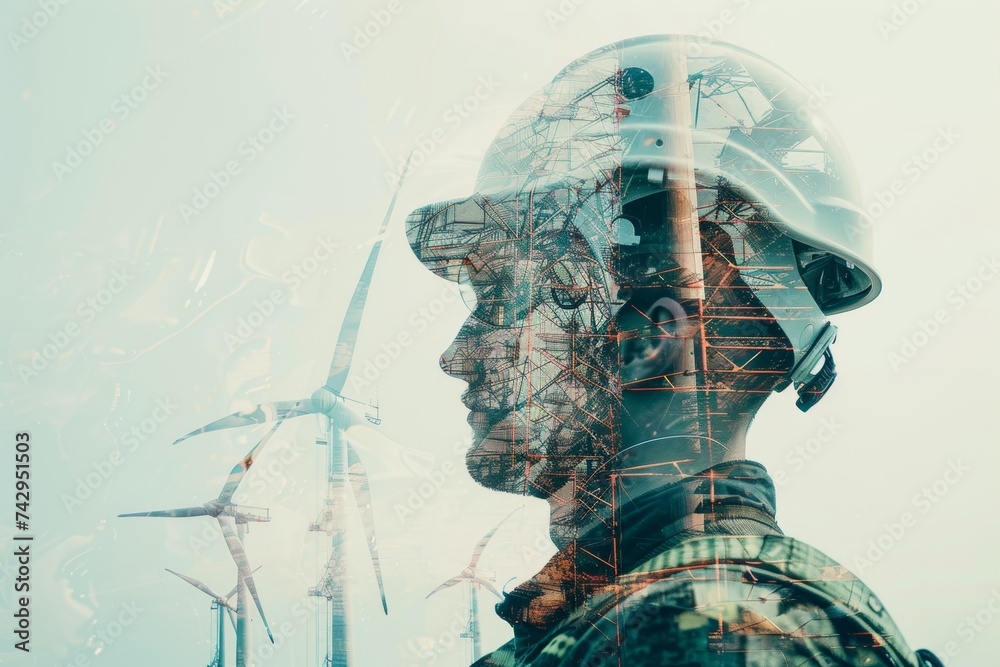The double exposure image of the engineer standing back during sunrise overlay with wind turbine image.The concept of engineering, power,renewable,wind turbine electricity,environment and future. The double exposure image of the engineer standing back during sunrise overlay with wind turbine image.The concept of engineering, power,renewable,wind turbine electricity,environment and future.