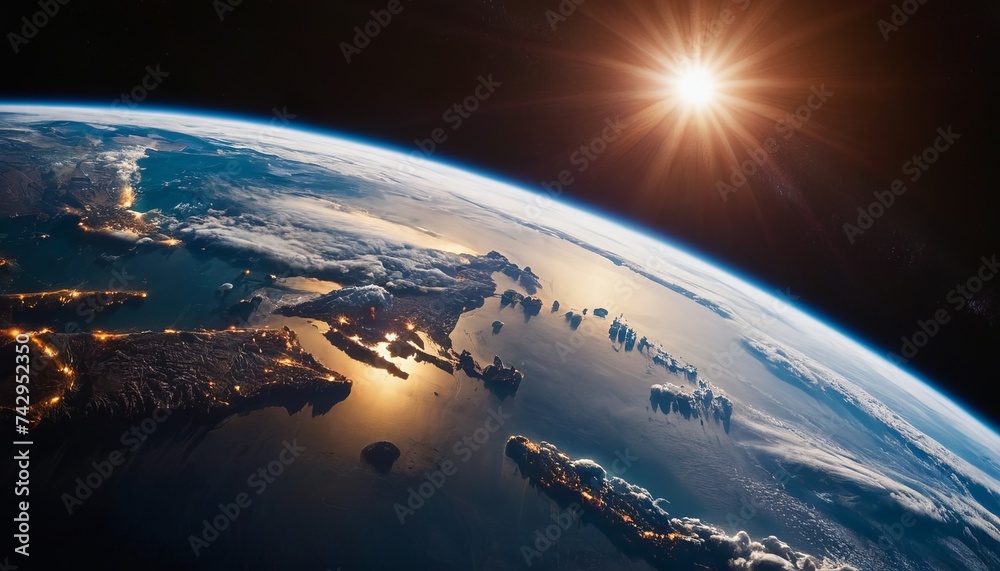 A planet similar to Earth from space, with a bright star or Sun in the background. World Earth Day, Earth Hour without electricity. A planet similar to Earth from space, with a bright star or Sun in the background. World Earth Day, Earth Hour without electricity.