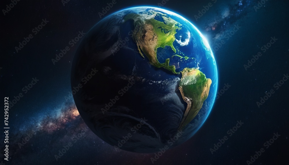 A planet similar to Earth from space, against the background of a multi-colored nebula or Galaxy. World Earth Day, Earth Hour without electricity.