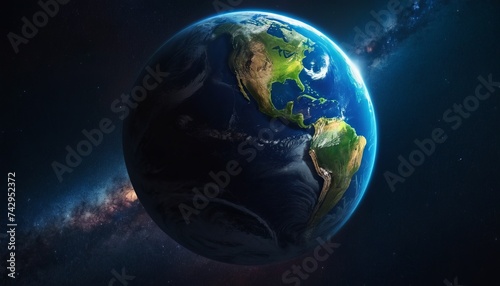 A planet similar to Earth from space, against the background of a multi-colored nebula or Galaxy. World Earth Day, Earth Hour without electricity.