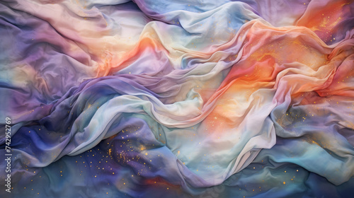 Watercolor nebulae swirling on silk where fabric textures meet the ethereal beauty of astronomical phenomena