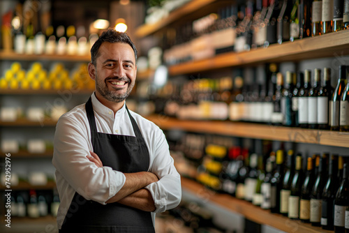 Wine merchant in supermarket, sommelier consultant professional wearing apron. Red wine tasting, degustation, liquor store on background