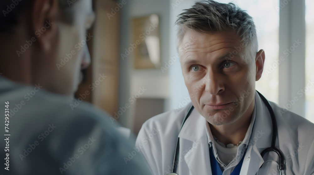intimate portrait of a doctor in a private practice setting, engaging in a thoughtful consultation with a patient. intimate portrait of a doctor in a private practice setting, engaging in a thoughtful consultation with a patient.