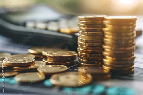 money coins stacked next to a calculator, capturing the essence of tax calculation and financial planning --ar 3:2 --stylize 200 --v 6 Job ID: 661dd176-9285-48b5-9fbe-34ab5ac4d144