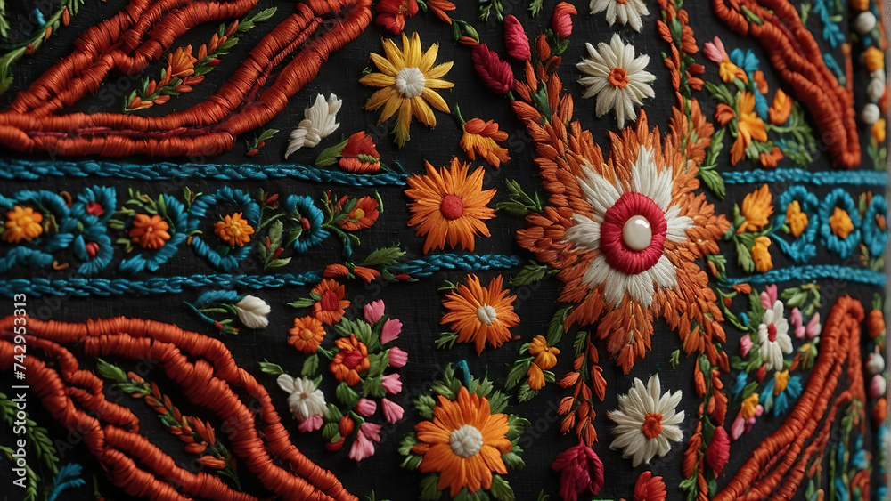 Fragment of a dress with luxurious ethnic floral embroidery Fragment of a dress with luxurious ethnic floral embroidery