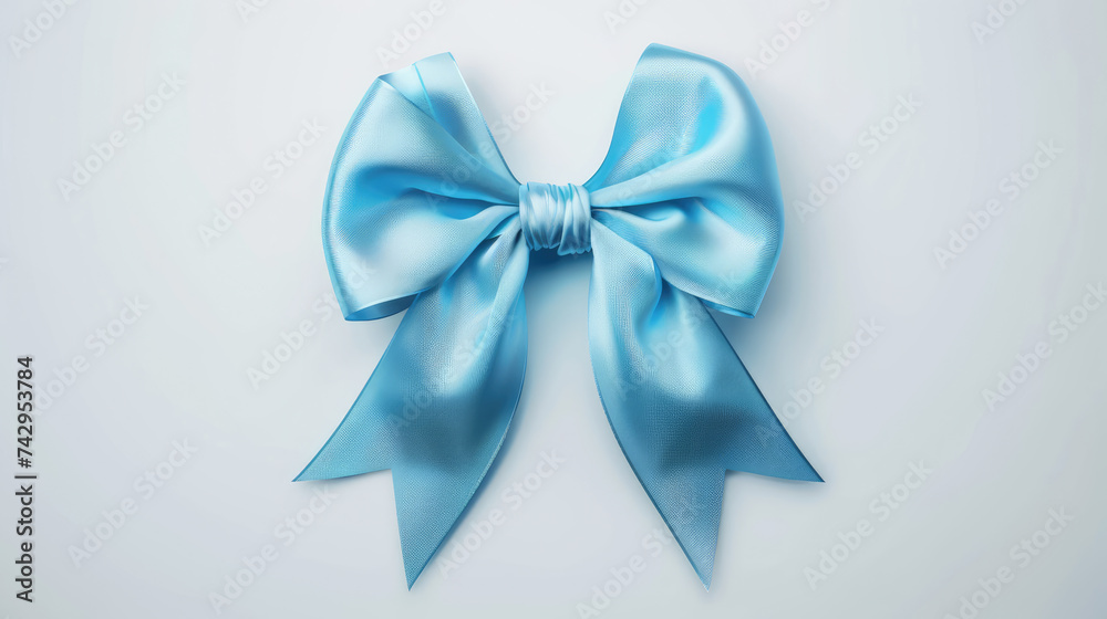 Elegant light blue satin ribbon bow on a white background. Elegant light blue satin ribbon bow on a white background.
